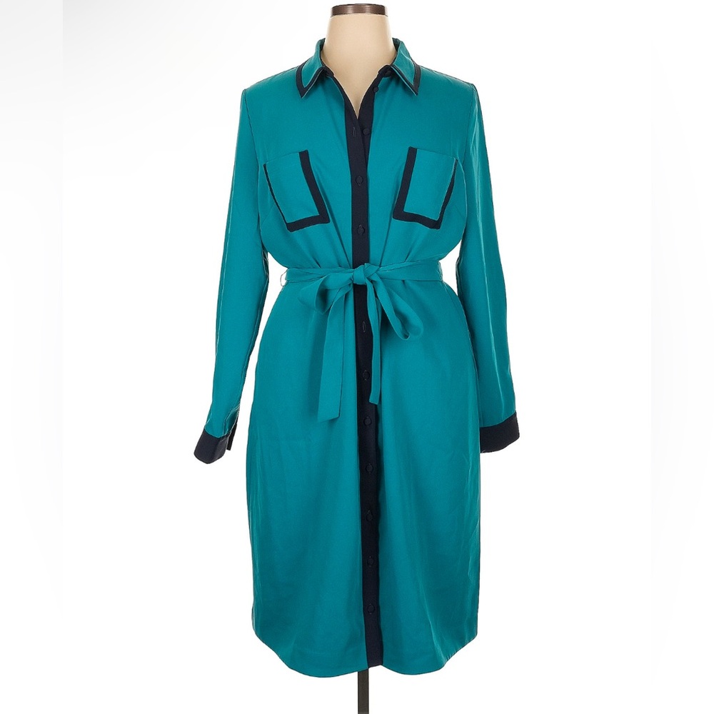 BODEN - Colorblock Teal Button-Down Dress with Belt - size 16/18 US / 20 UK
